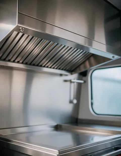 Technician cleaning a food truck exhaust hood
